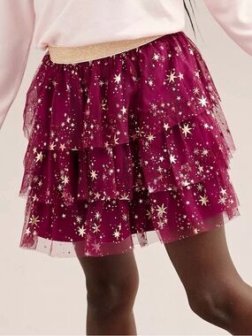 Jumping Bean Sparkle Star Tiered Tulle Skirt Plum Gold Waistband Size 8